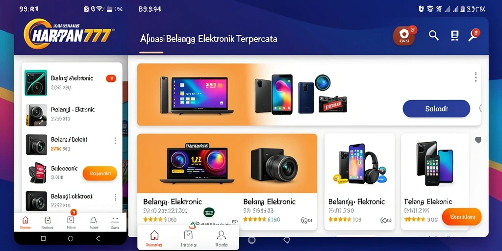 Tampilan antarmuka aplikasi HARAPAN777 untuk belanja elektronik yang modern.