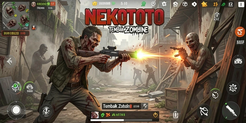 Antarmuka permainan NEKOTOTO dengan aksi tembak zombie yang seru.